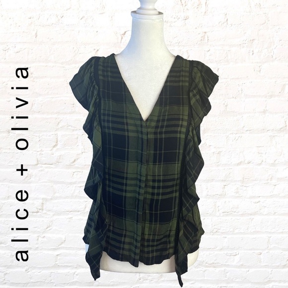 ALICE + Olivia Womens Janet Side Ruffle Blouse In Army / Black Size XS Plaid - Picture 8 of 8